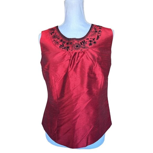 Silkland Women's Top Silk Blend Size 8 Red Black Hand Beading Sleeveless NEW - Picture 1 of 12